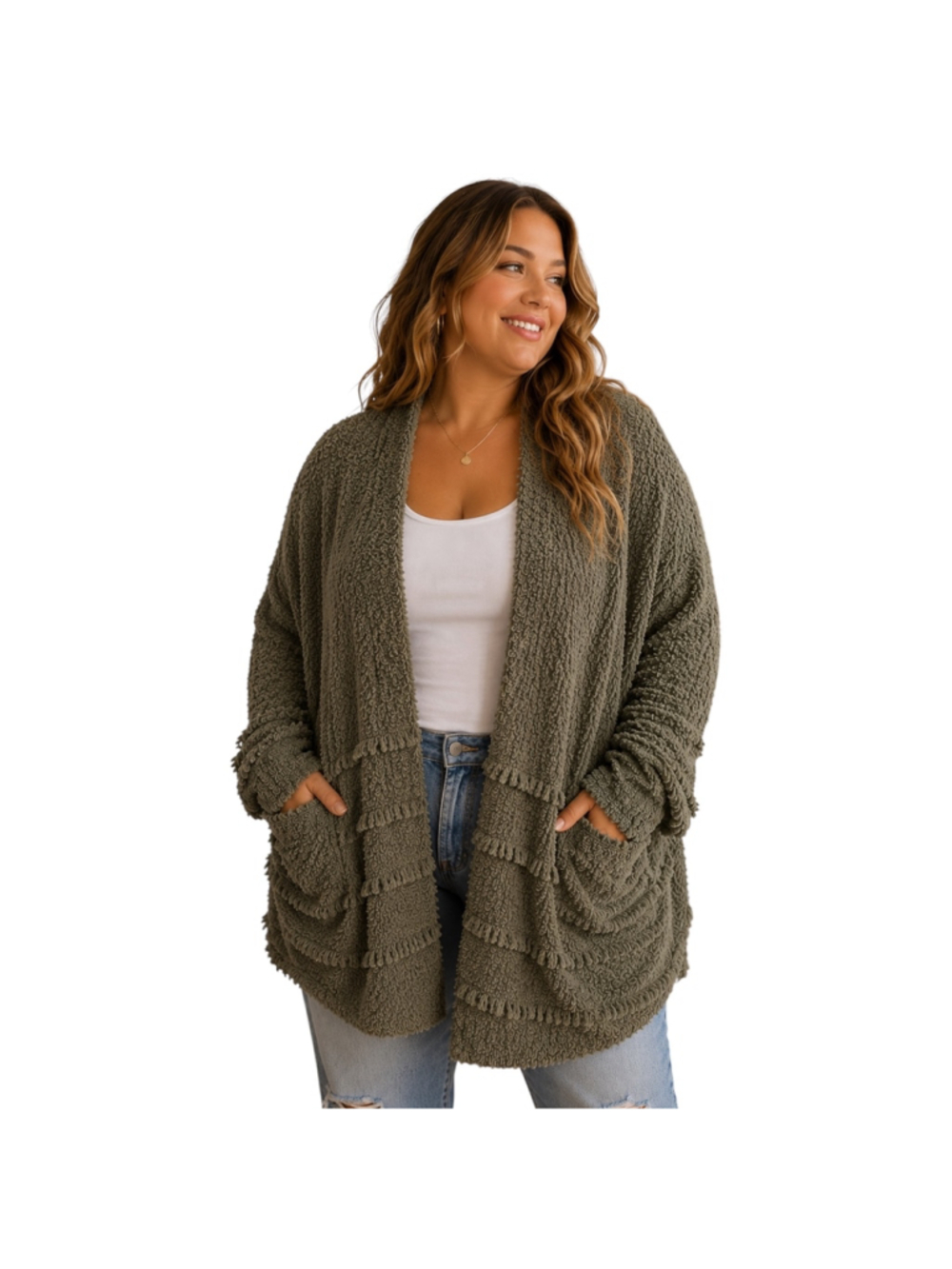 Barefoot Dreams CozyChic Open Front Cardigan XL Olive Green Soft Plush Pockets